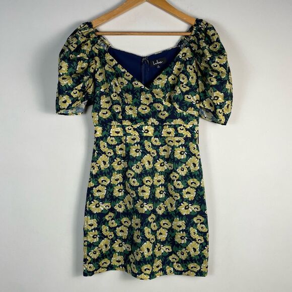Lulus Floral Inclusive Floral Print Puff Sleeve Mini Dress Small Navy Yellow NEW - Picture 2 of 13